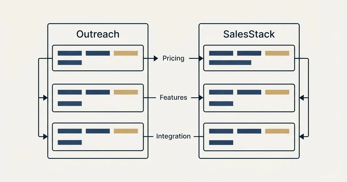 Comparison panel: Outreach vs SalesStack (Pricing, Features, Integration)
