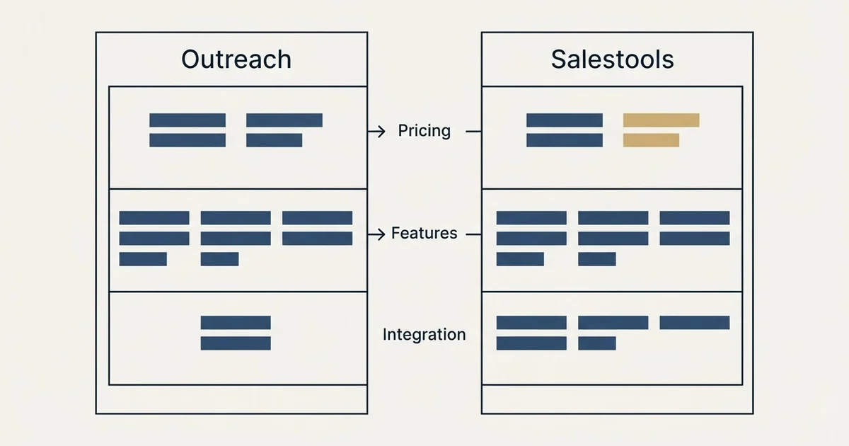 Comparison panel: Outreach vs Salestools (Pricing, Features, Integration)