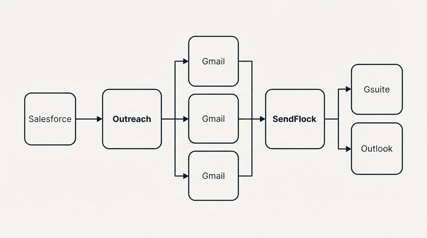 Integration flow: Integration Ecosystem (Outreach, SendFlock, Gmail, Salesforce)