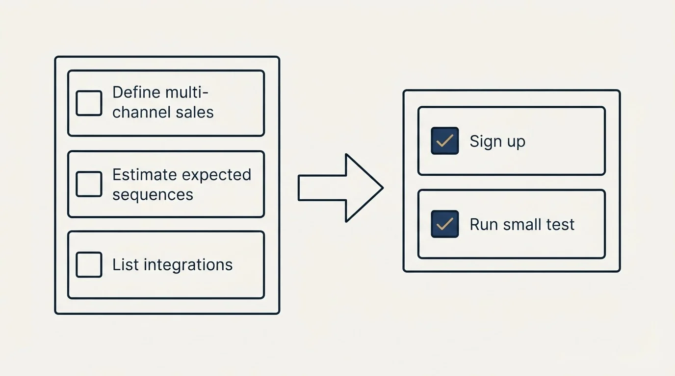 Before-and-after steps: Getting Started Checklist (Define multi-channel sales, Estimate expected sequences, List integrations, Sign up)