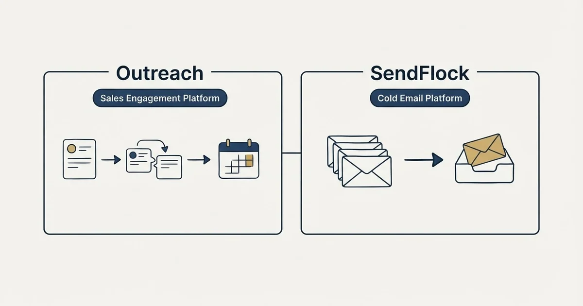 Side-by-side panels: Outreach vs SendFlock (Sales Engagement Platform, Cold Email Platform)