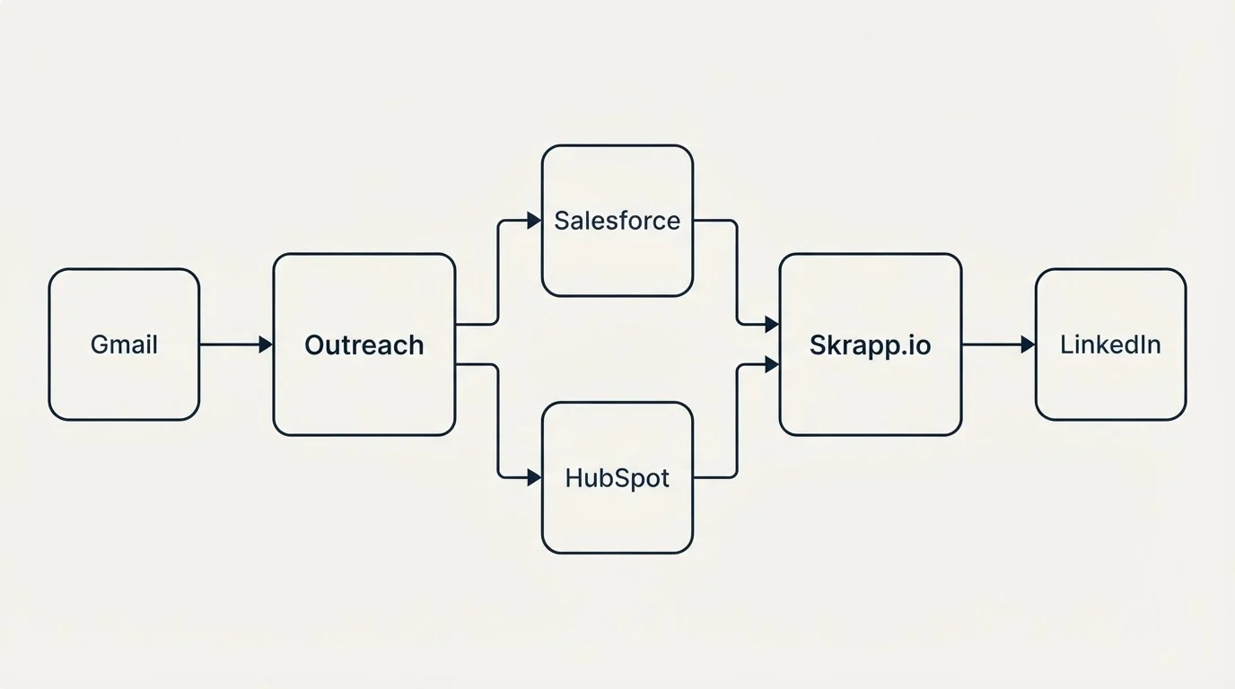 Integration flow: Integration Ecosystem (Outreach, Skrapp.io, Salesforce, HubSpot)