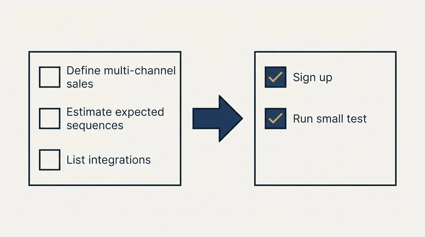 Before-and-after steps: Getting Started Checklist (Define multi-channel sales, Estimate expected sequences, List integrations, Sign up)