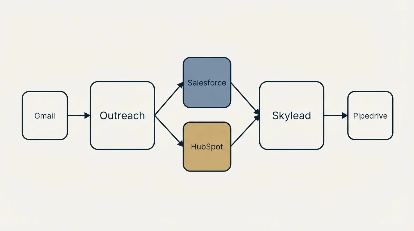 Integration schematic: Integration Ecosystem (Outreach, Skylead, Salesforce, HubSpot)