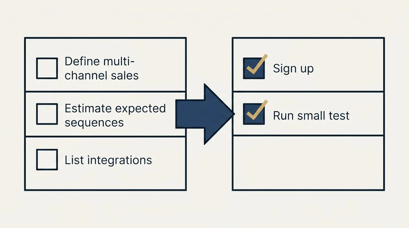 Before-and-after steps: Getting Started Checklist (Define multi-channel sales, Estimate expected sequences, List integrations, Sign up)