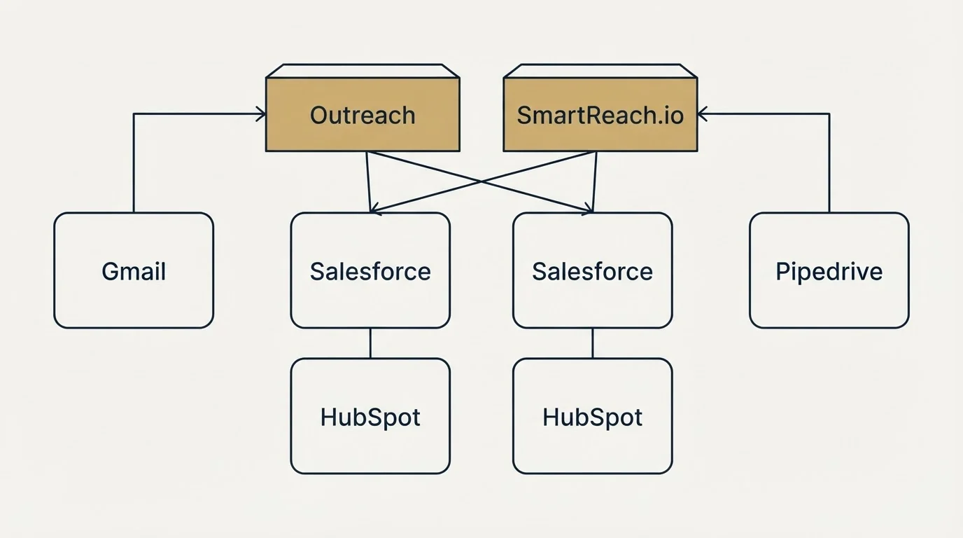 Integration grid: Integration Ecosystem (Outreach, SmartReach.io, Salesforce, HubSpot)