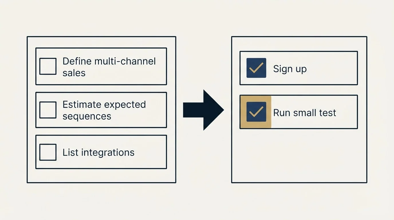 Before-and-after steps: Getting Started Checklist (Define multi-channel sales, Estimate expected sequences, List integrations, Sign up)