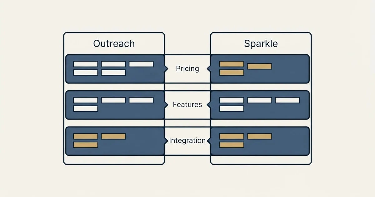 Comparison panel: Outreach vs Sparkle (Pricing, Features, Integration)