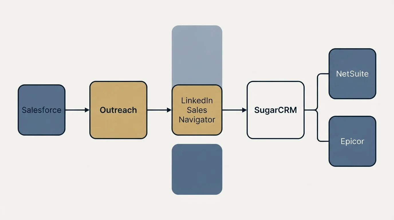 Integration flow: Integration Ecosystem (Outreach, SugarCRM, LinkedIn Sales Navigator, Salesforce)