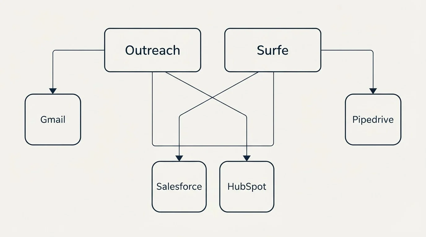 Integration grid: Integration Ecosystem (Outreach, Surfe, Salesforce, HubSpot)