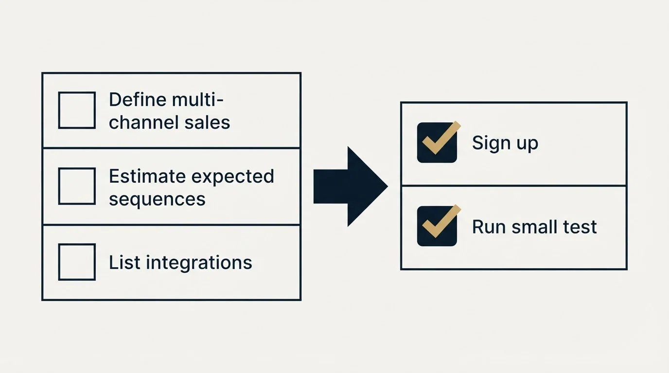 Before-and-after steps: Getting Started Checklist (Define multi-channel sales, Estimate expected sequences, List integrations, Sign up)