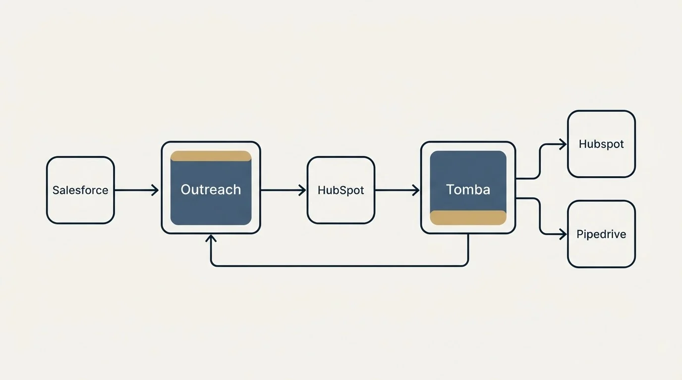 Integration schematic: Integration Ecosystem (Outreach, Tomba, HubSpot, Salesforce)