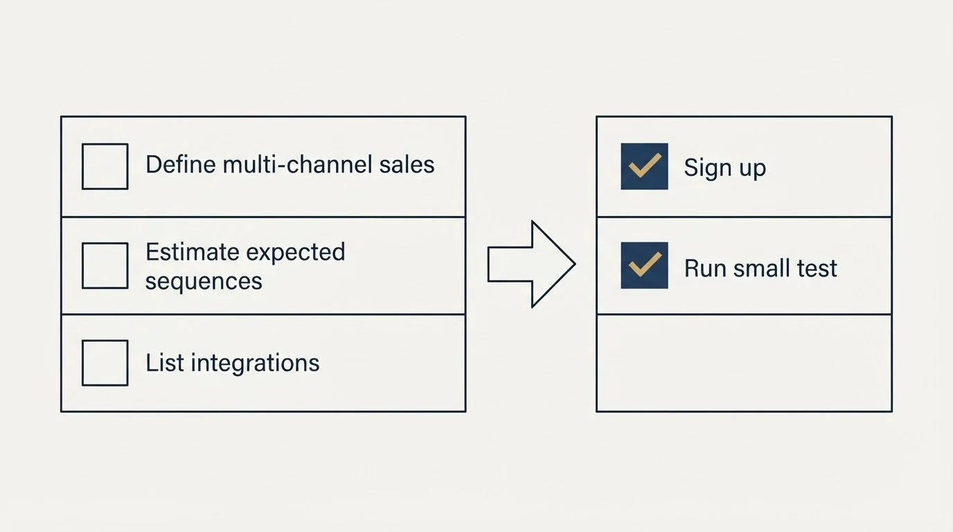 Before-and-after steps: Getting Started Checklist (Define multi-channel sales, Estimate expected sequences, List integrations, Sign up)