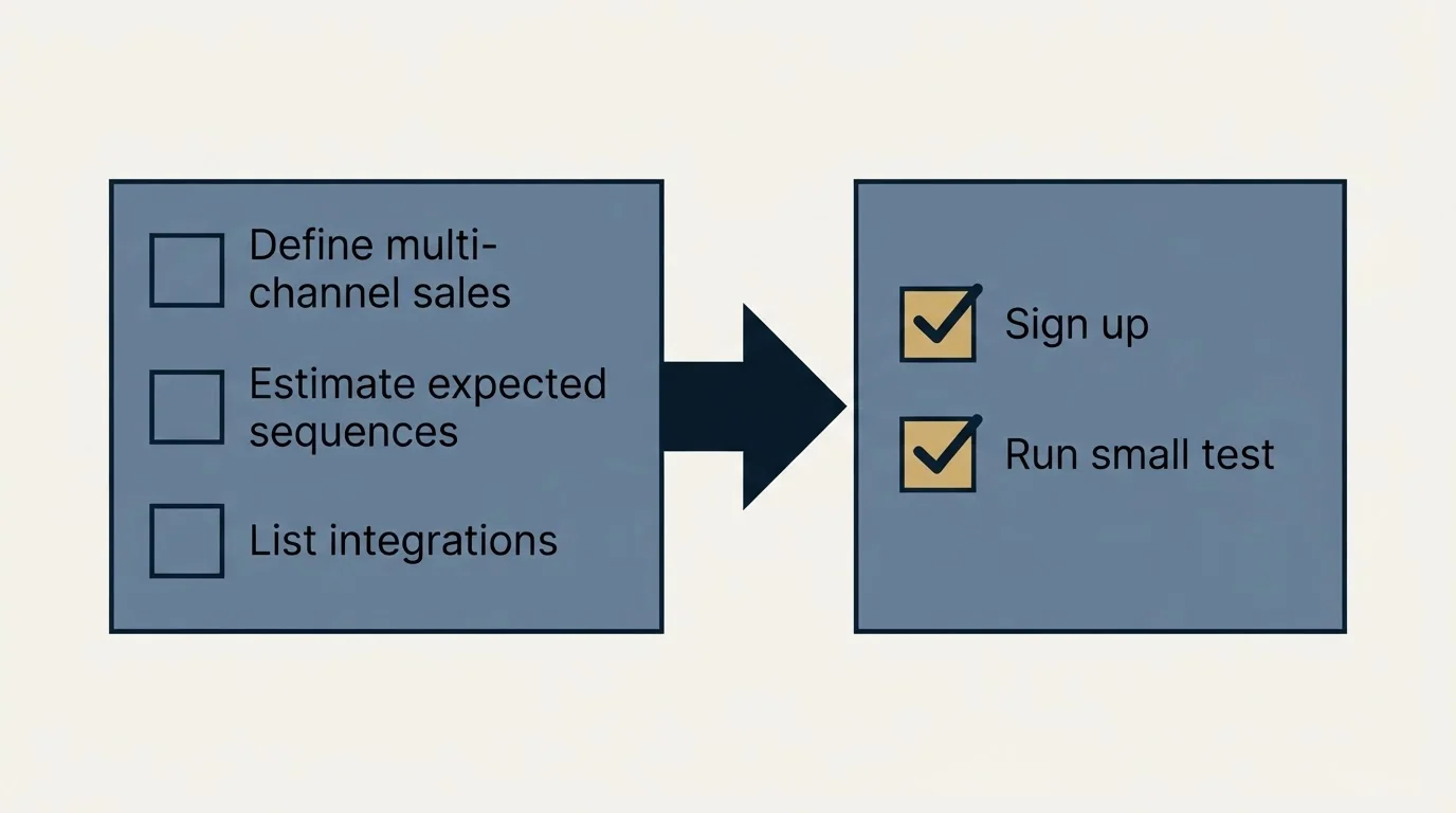Before-and-after steps: Getting Started Checklist (Define multi-channel sales, Estimate expected sequences, List integrations, Sign up)