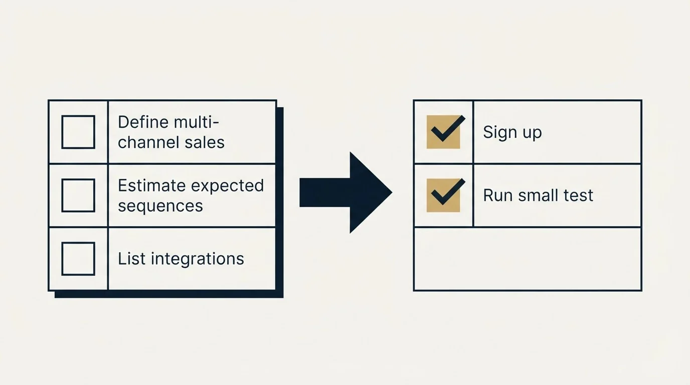 Before-and-after steps: Getting Started Checklist (Define multi-channel sales, Estimate expected sequences, List integrations, Sign up)