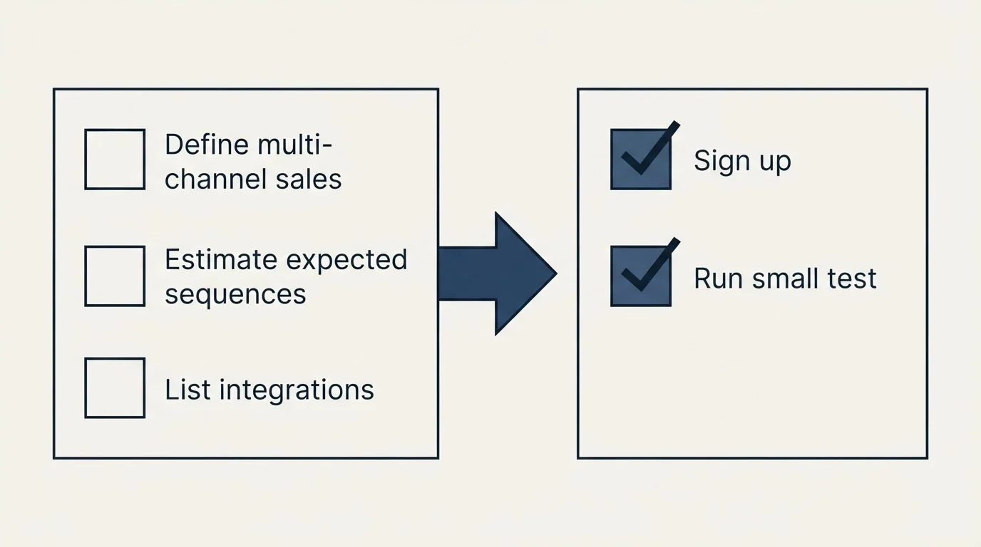 Before-and-after steps: Getting Started Checklist (Define multi-channel sales, Estimate expected sequences, List integrations, Sign up)