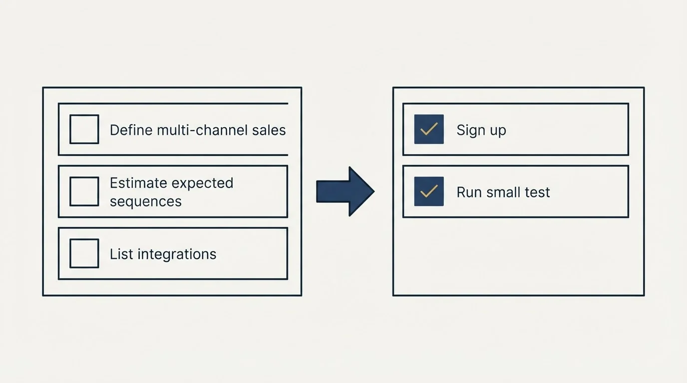 Before-and-after steps: Getting Started Checklist (Define multi-channel sales, Estimate expected sequences, List integrations, Sign up)