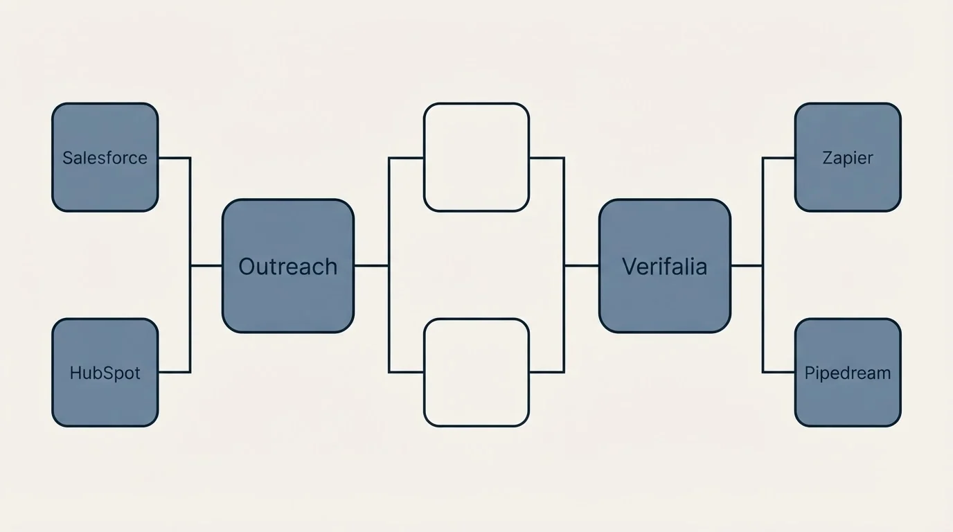 Integration flow: Integration Ecosystem (Outreach, Verifalia, Salesforce, Zapier)