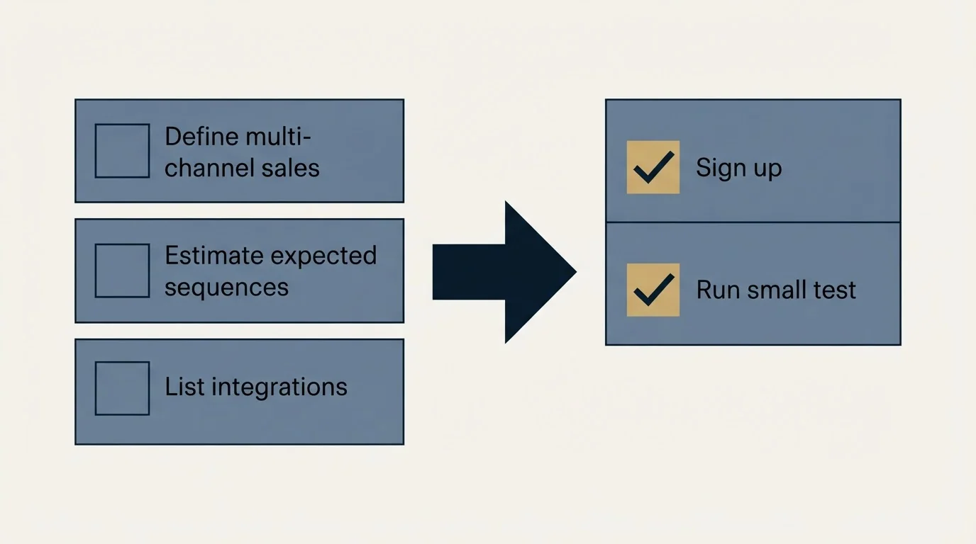 Before-and-after steps: Getting Started Checklist (Define multi-channel sales, Estimate expected sequences, List integrations, Sign up)