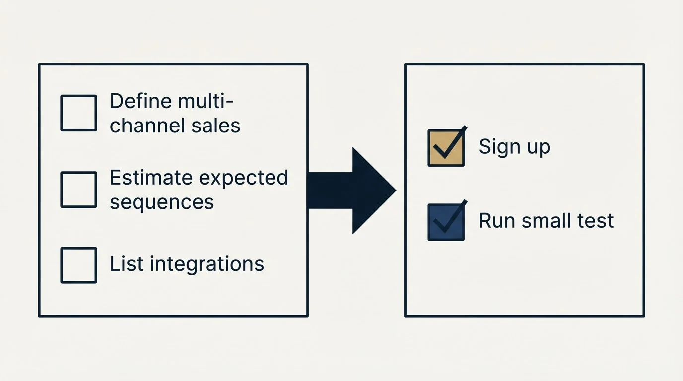 Before-and-after steps: Getting Started Checklist (Define multi-channel sales, Estimate expected sequences, List integrations, Sign up)