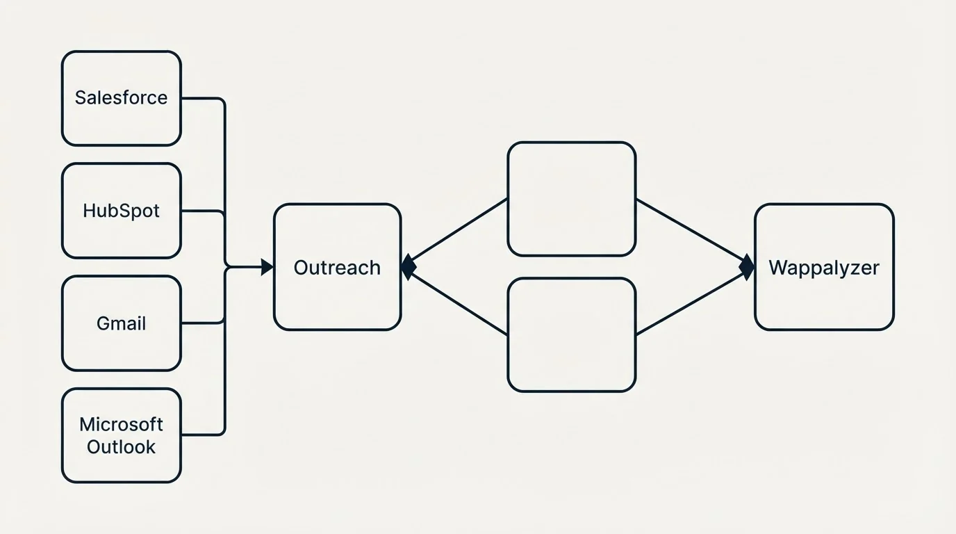 Integration schematic: Integration Ecosystem (Outreach, Wappalyzer, Salesforce, HubSpot)