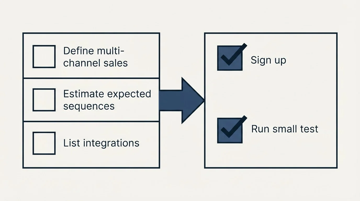 Before-and-after steps: Getting Started Checklist (Define multi-channel sales, Estimate expected sequences, List integrations, Sign up)