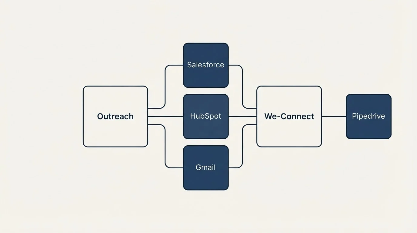 Integration schematic: Integration Ecosystem (Outreach, We-Connect, Salesforce, HubSpot)
