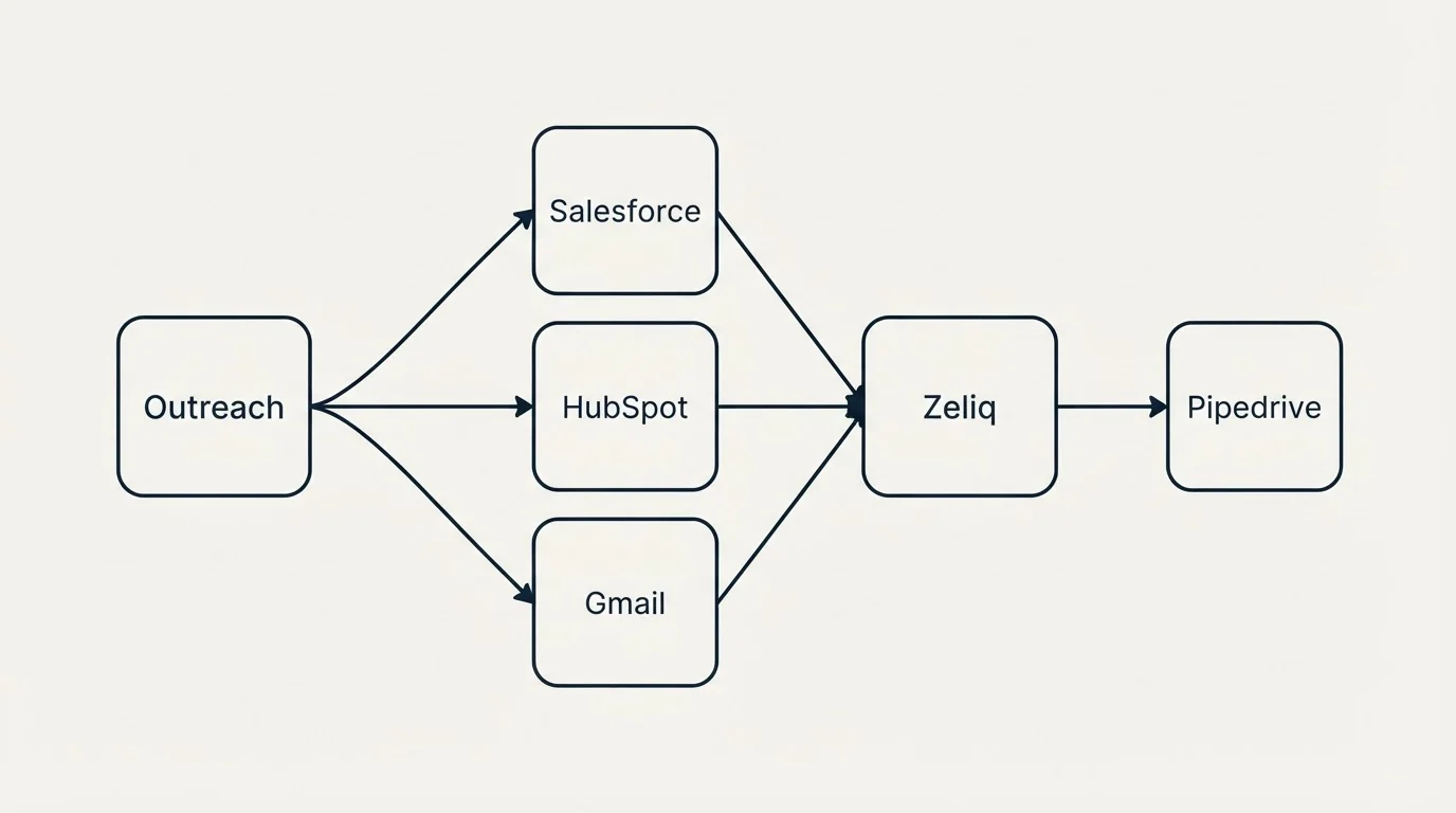 Integration schematic: Integration Ecosystem (Outreach, Zeliq, Salesforce, HubSpot)