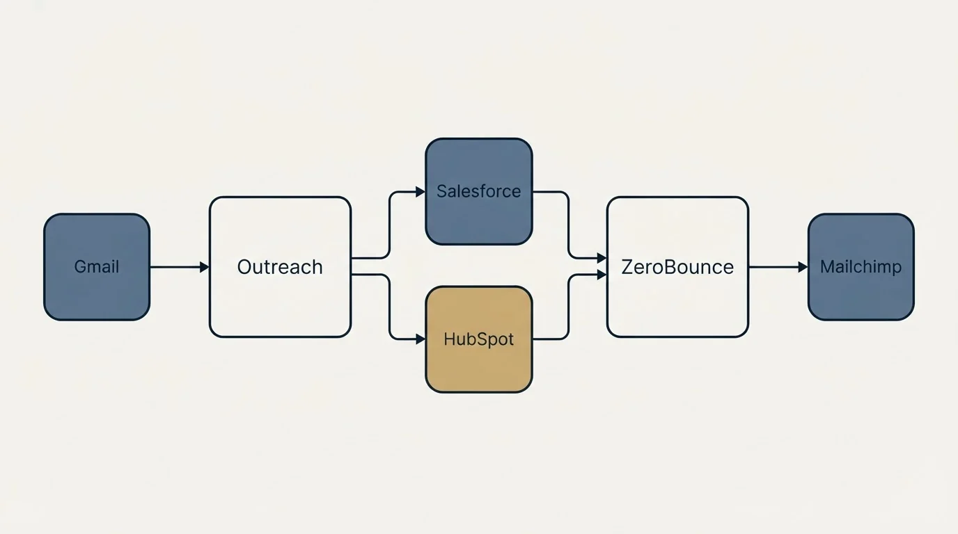 Integration schematic: Integration Ecosystem (Outreach, ZeroBounce, Salesforce, HubSpot)