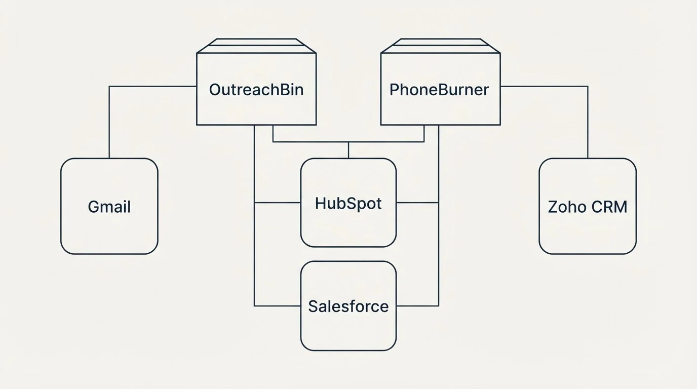 Integration grid: Integration Ecosystem (OutreachBin, PhoneBurner, HubSpot, Salesforce)