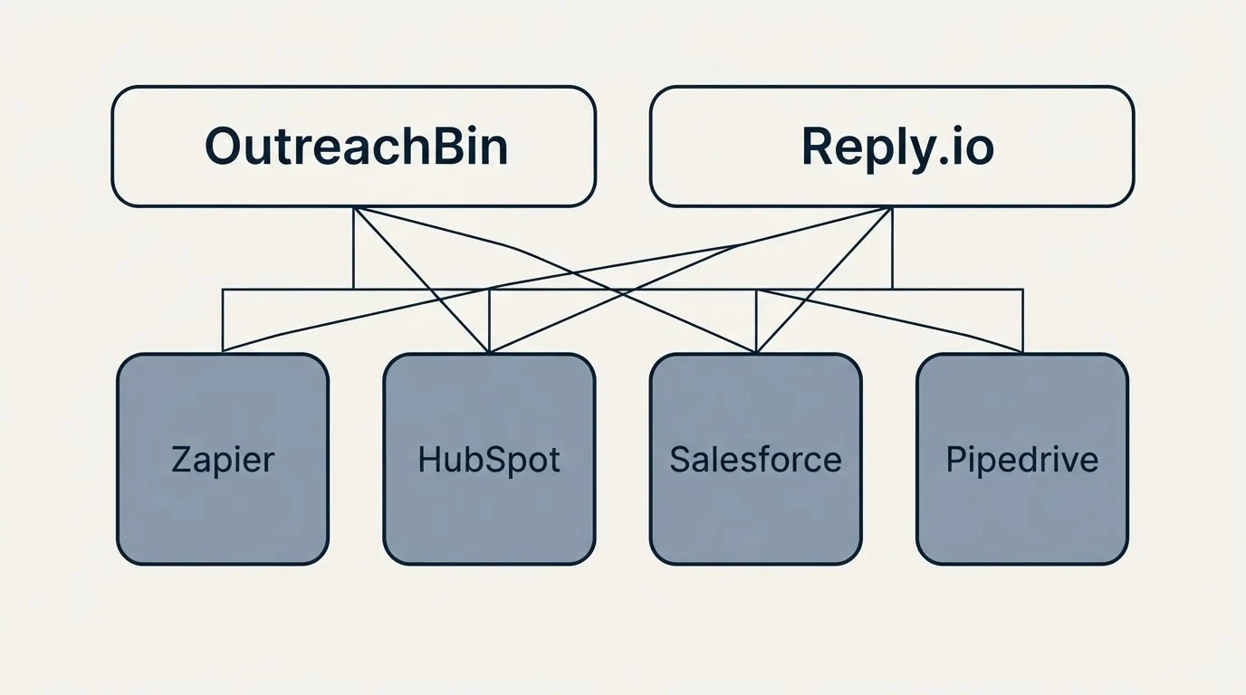 Integration grid: Integration Ecosystem (OutreachBin, Reply.io, Zapier, HubSpot)