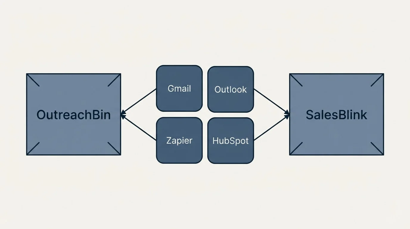 Integration schematic: Integration Ecosystem (OutreachBin, SalesBlink, Gmail, Outlook)