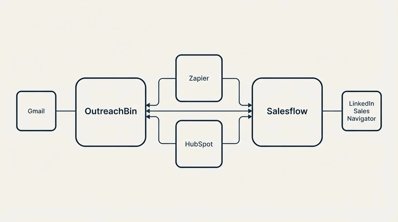 Integration schematic: Integration Ecosystem (OutreachBin, Salesflow, Zapier, HubSpot)