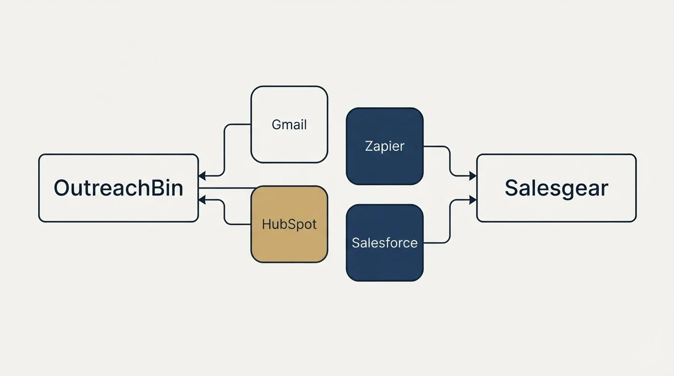 Integration schematic: Integration Ecosystem (OutreachBin, Salesgear, Gmail, Zapier)