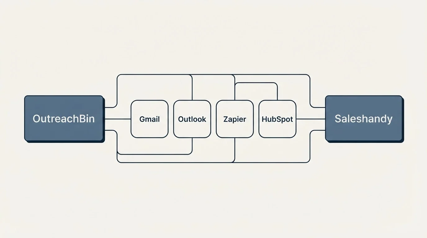 Integration schematic: Integration Ecosystem (OutreachBin, Saleshandy, Gmail, Outlook)