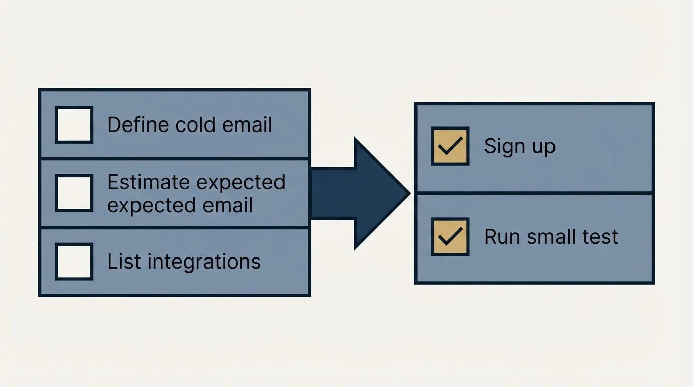 Before-and-after steps: Getting Started Checklist (Define cold email, Estimate expected email, List integrations, Sign up)