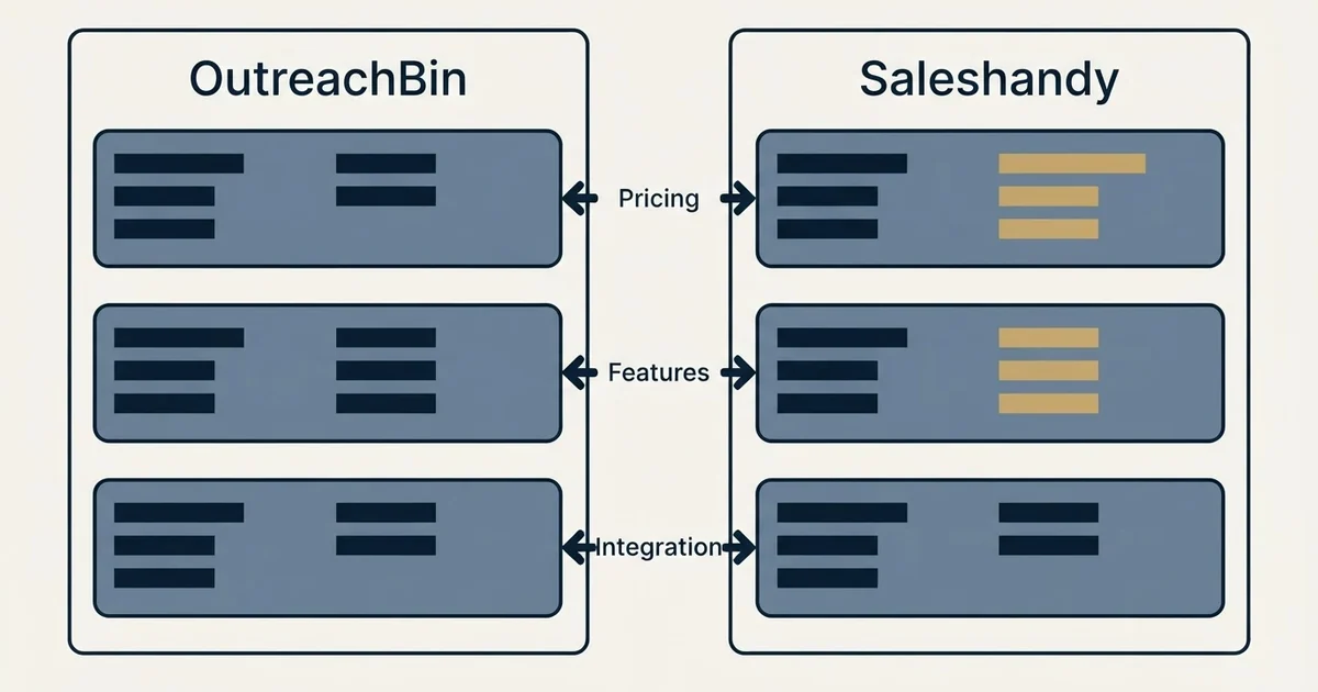 Comparison panel: OutreachBin vs Saleshandy (Pricing, Features, Integration)