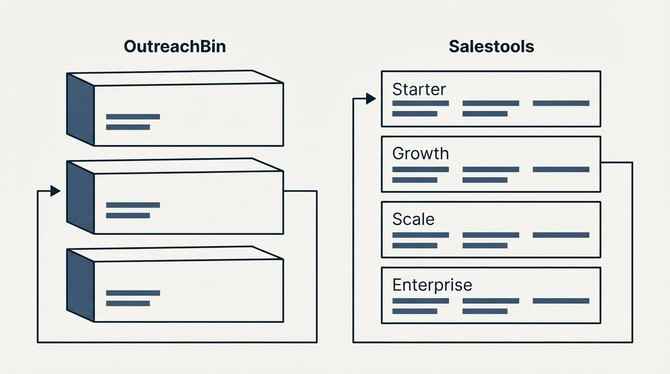 Pricing panels: Pricing Comparison (OutreachBin, Salestools, Starter, Growth)
