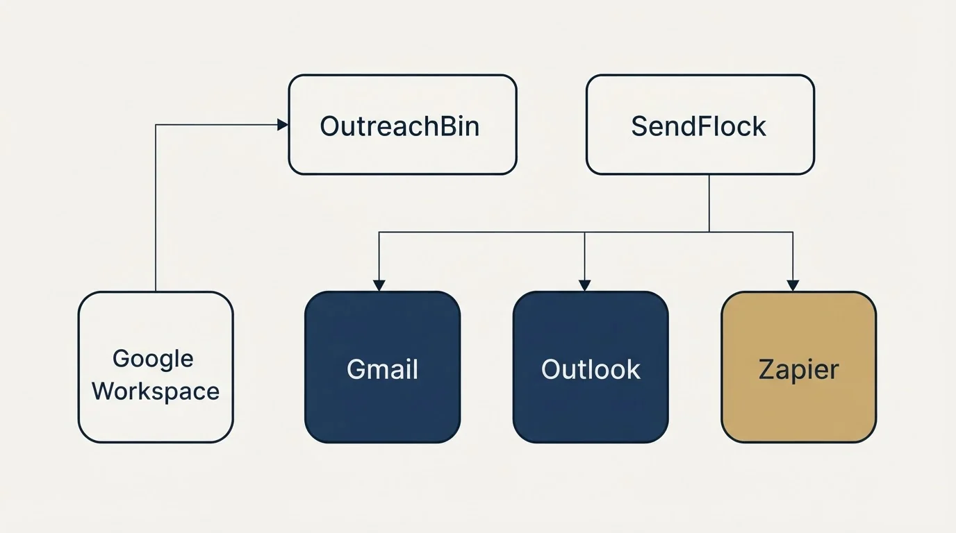 Integration grid: Integration Ecosystem (OutreachBin, SendFlock, Gmail, Outlook)