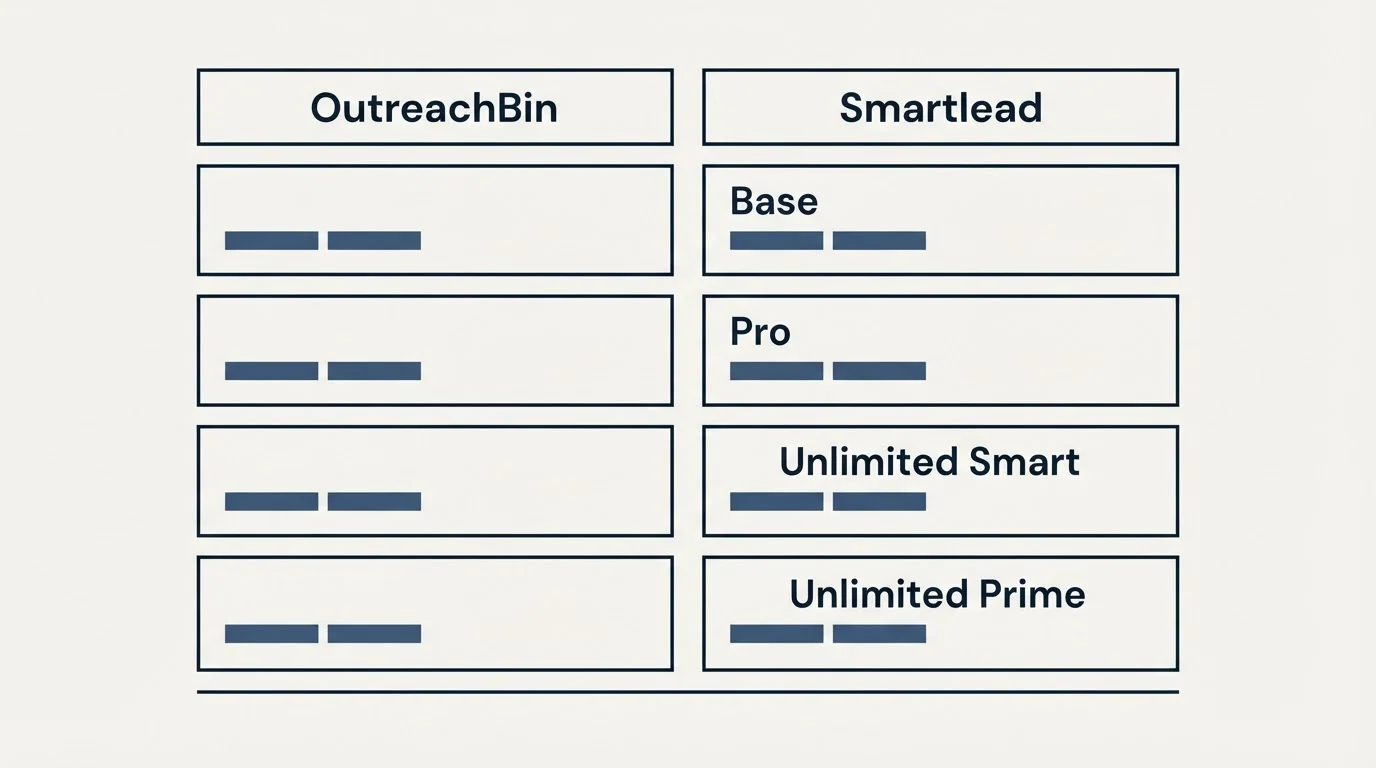 Pricing table: Pricing Comparison (OutreachBin, Smartlead, Base, Pro)