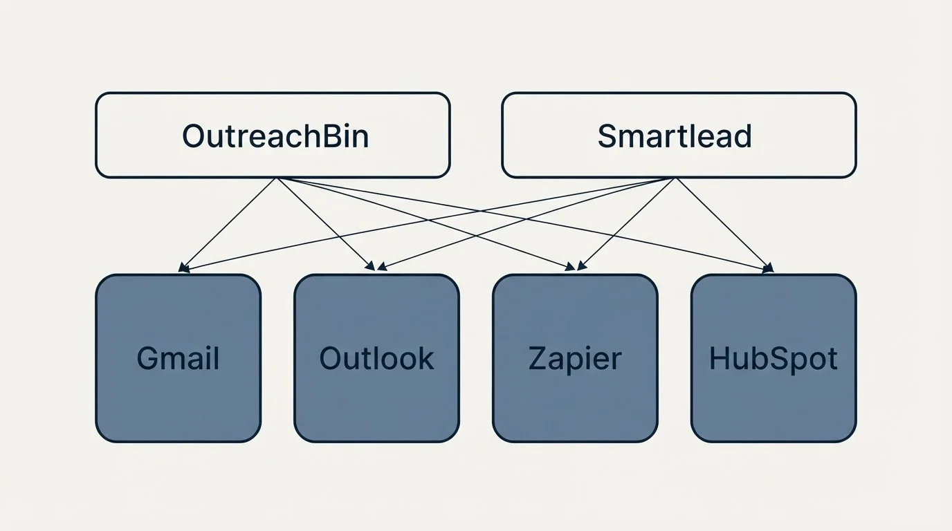 Integration grid: Integration Ecosystem (OutreachBin, Smartlead, Gmail, Outlook)
