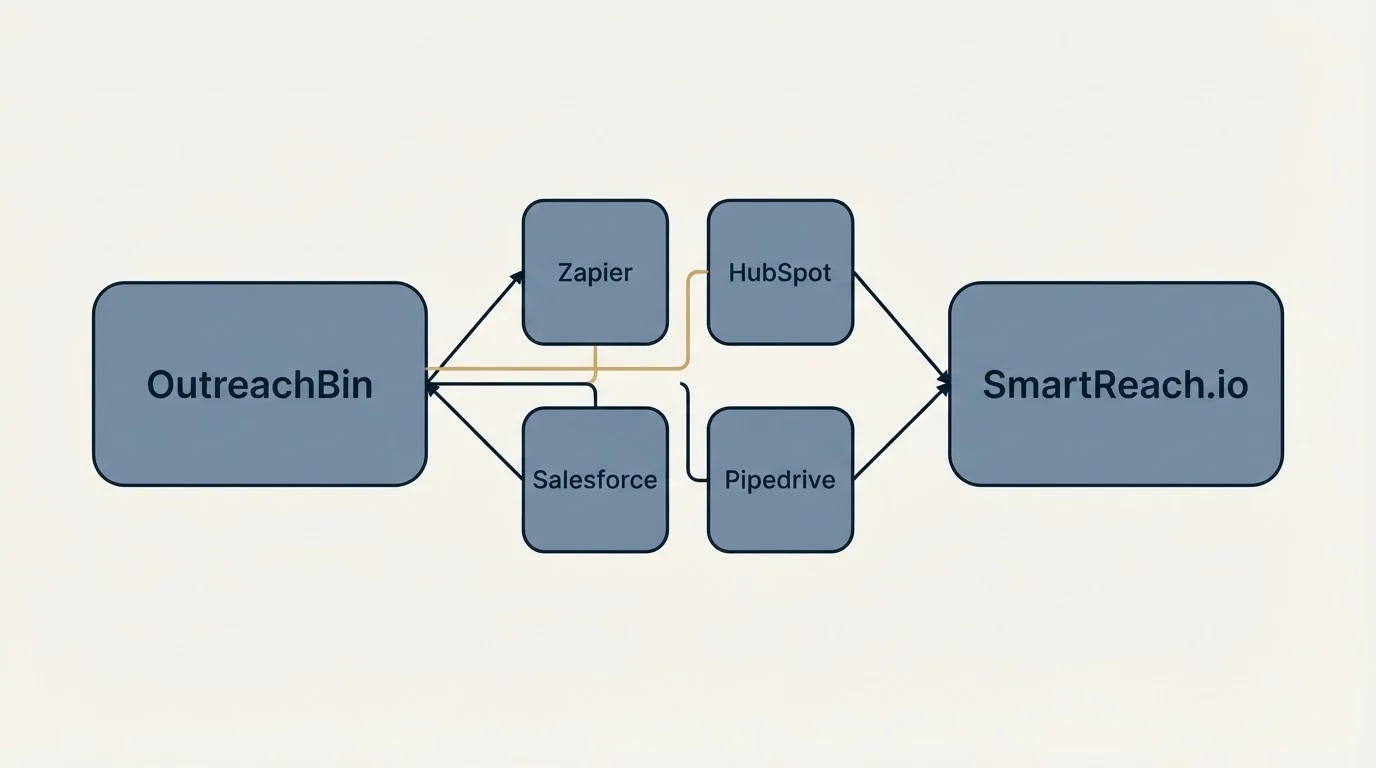 Integration schematic: Integration Ecosystem (OutreachBin, SmartReach.io, Zapier, HubSpot)