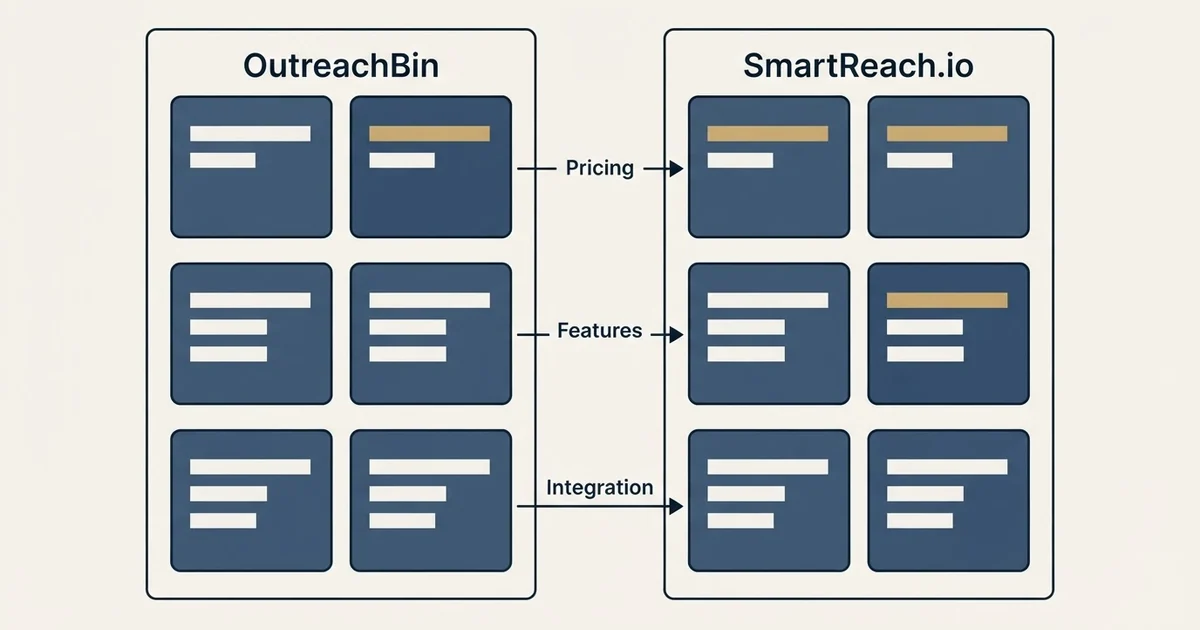 Comparison panel: OutreachBin vs SmartReach.io (Pricing, Features, Integration)