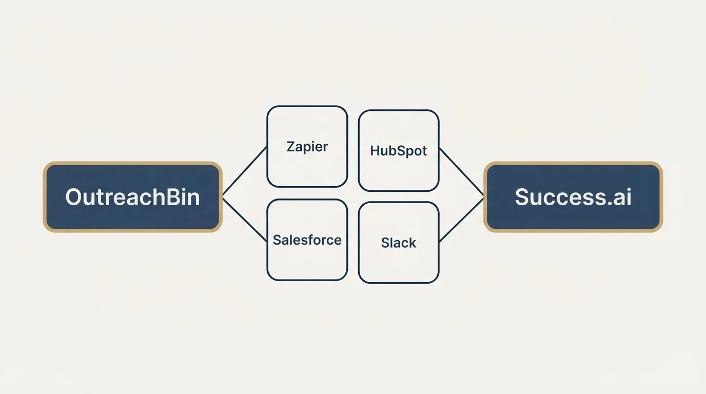 Integration schematic: Integration Ecosystem (OutreachBin, Success.ai, Zapier, HubSpot)
