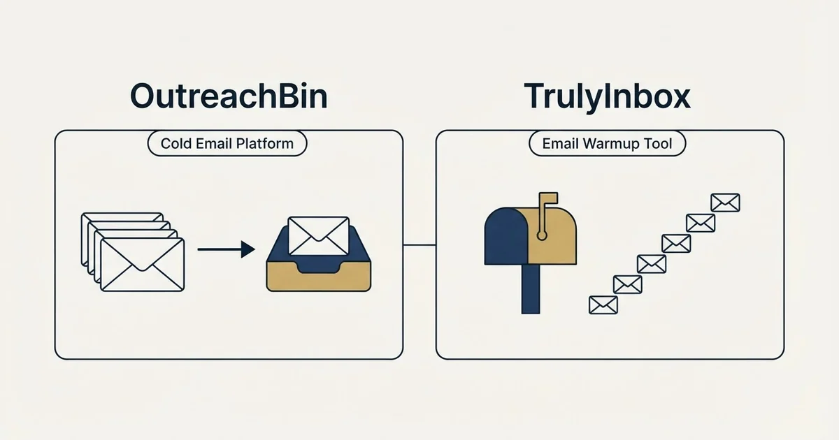 Side-by-side panels: OutreachBin vs TrulyInbox (Cold Email Platform, Email Warmup Tool)