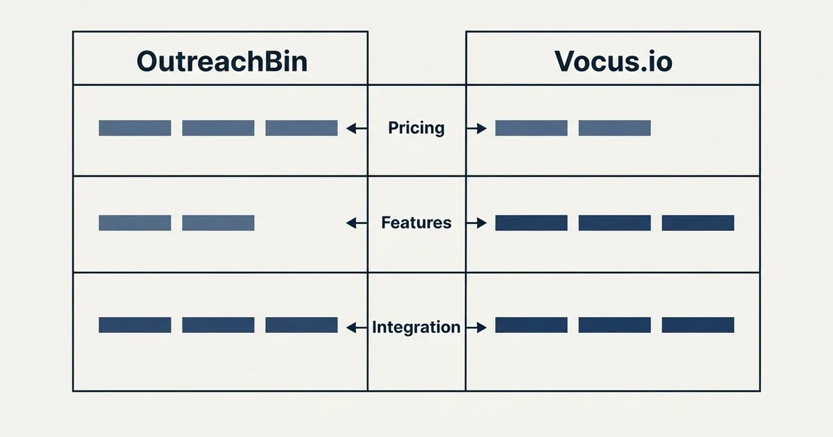 Comparison panel: OutreachBin vs Vocus.io (Pricing, Features, Integration)