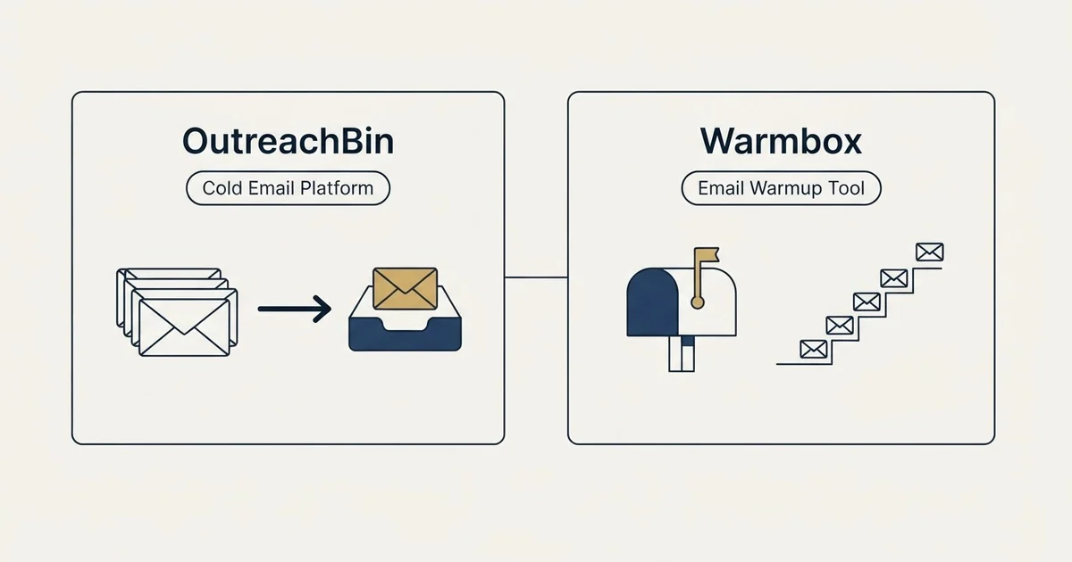 Side-by-side panels: OutreachBin vs Warmbox (Cold Email Platform, Email Warmup Tool)