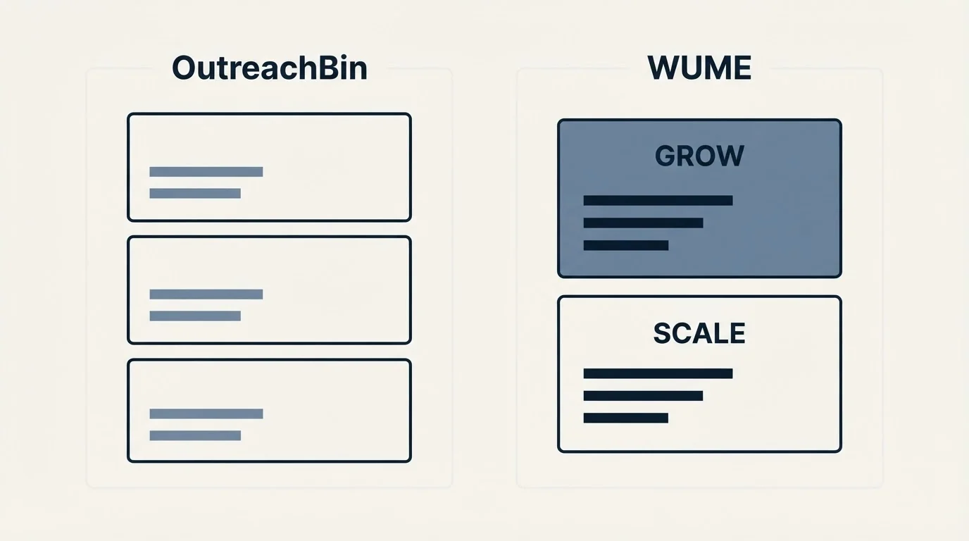 Pricing panels: Pricing Comparison (OutreachBin, WUME, GROW, SCALE)