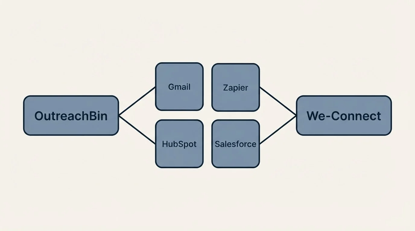 Integration schematic: Integration Ecosystem (OutreachBin, We-Connect, Gmail, Zapier)
