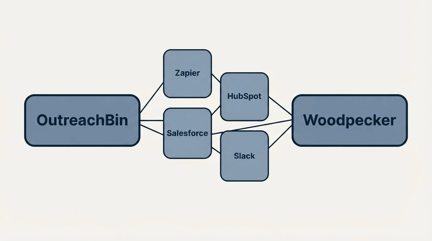 Integration schematic: Integration Ecosystem (OutreachBin, Woodpecker, Zapier, HubSpot)